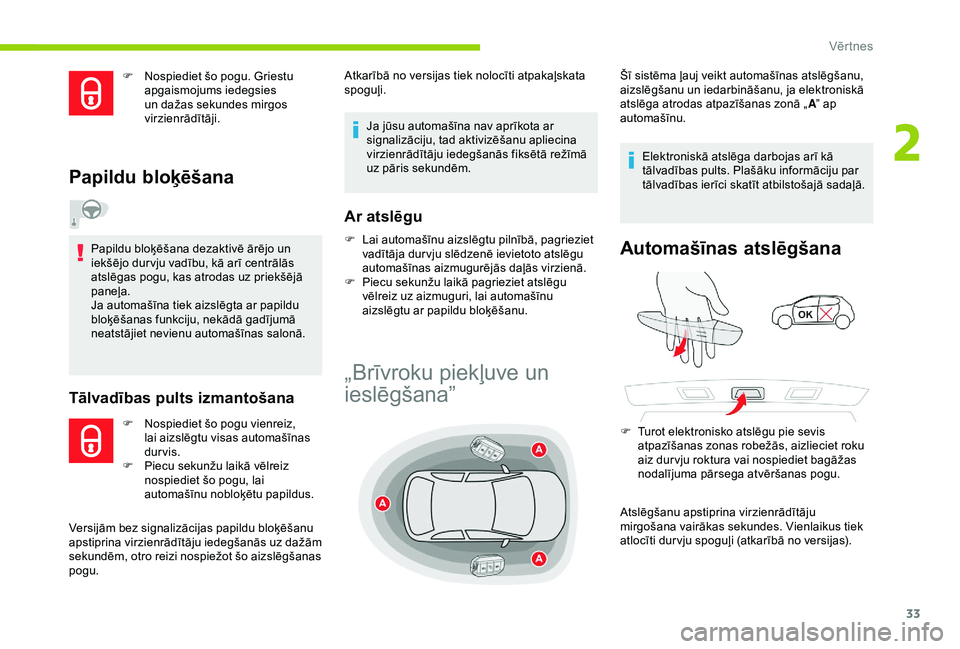CITROEN C4 CACTUS 2019 Lietošanas Instrukcija (in Latvian) 33
F Nospiediet šo pogu. Griestu apgaismojums iedegsies
un dažas sekundes mirgos
virzienrādītāji.
Papildu bloķēšana
Papildu bloķēšana dezaktivē ārējo un
iekšējo dur vju vadību, kā CITROEN C4 CACTUS 2019 Lietošanas Instrukcija (in Latvian) 33
F Nospiediet šo pogu. Griestu apgaismojums iedegsies
un dažas sekundes mirgos
virzienrādītāji.
Papildu bloķēšana
Papildu bloķēšana dezaktivē ārējo un
iekšējo dur vju vadību, kā