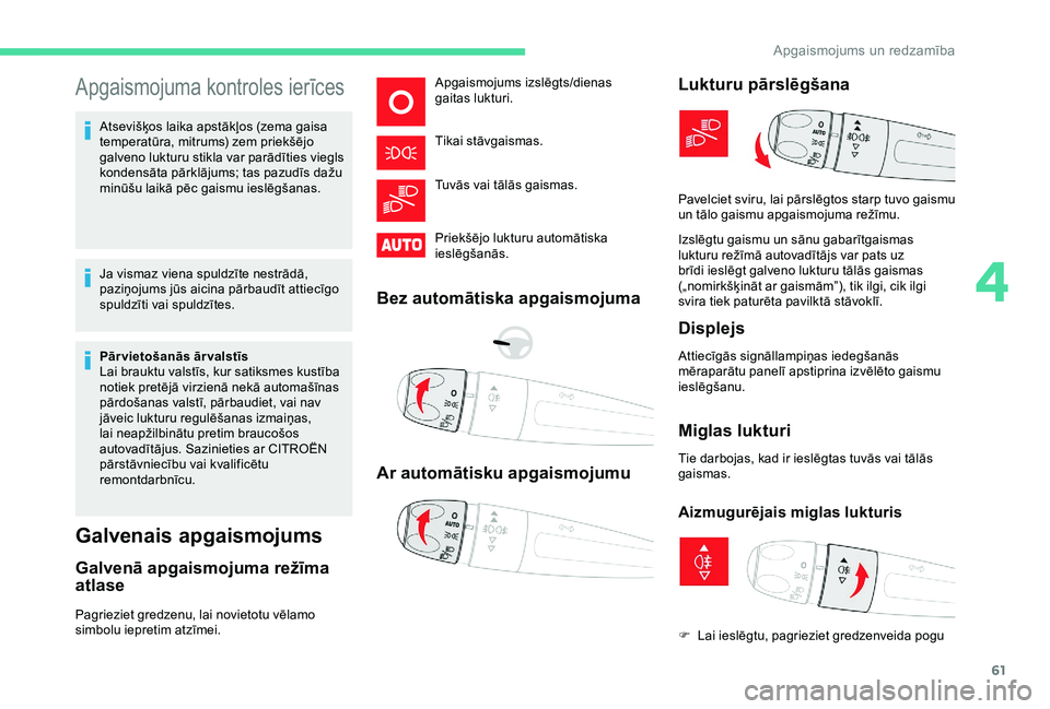 CITROEN C4 CACTUS 2019 Lietošanas Instrukcija (in Latvian) 61
Apgaismojuma kontroles ierīces
Atsevišķos laika apstākļos (zema gaisa
temperatūra, mitrums) zem priekšējo
galveno lukturu stikla var parādīties viegls
kondensāta pārklājums; tas paz CITROEN C4 CACTUS 2019 Lietošanas Instrukcija (in Latvian) 61
Apgaismojuma kontroles ierīces
Atsevišķos laika apstākļos (zema gaisa
temperatūra, mitrums) zem priekšējo
galveno lukturu stikla var parādīties viegls
kondensāta pārklājums; tas paz