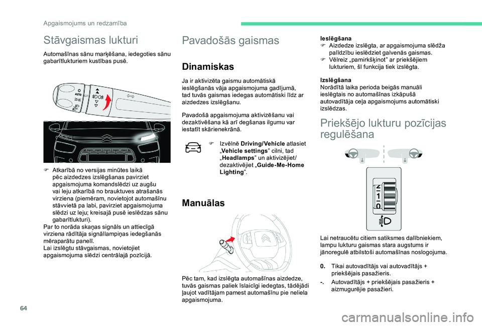 CITROEN C4 CACTUS 2019 Lietošanas Instrukcija (in Latvian) 64
Stāvgaismas lukturi
Automašīnas sānu marķēšana, iedegoties sānu
gabarītlukturiem kustības pusē.
F
A
tkarībā no versijas minūtes laikā
pēc aizdedzes izslēgšanas pavirziet
apga CITROEN C4 CACTUS 2019 Lietošanas Instrukcija (in Latvian) 64
Stāvgaismas lukturi
Automašīnas sānu marķēšana, iedegoties sānu
gabarītlukturiem kustības pusē.
F
A
tkarībā no versijas minūtes laikā
pēc aizdedzes izslēgšanas pavirziet
apga