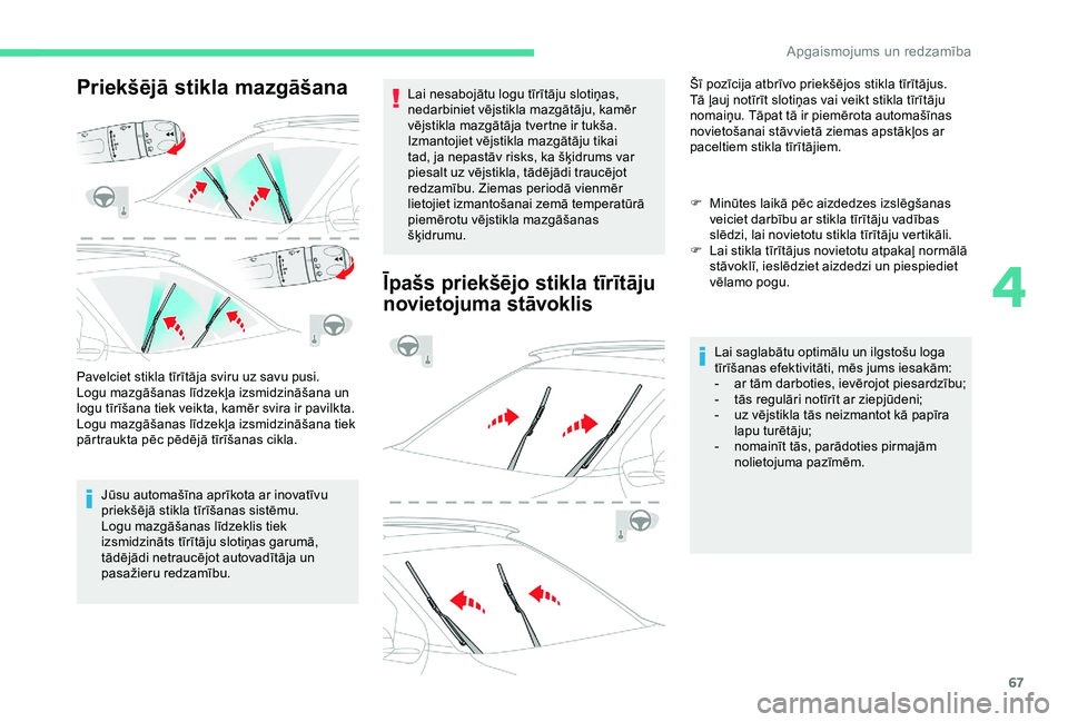 CITROEN C4 CACTUS 2019 Lietošanas Instrukcija (in Latvian) 67
Priekšējā stikla mazgāšana
Pavelciet stikla tīrītāja sviru uz savu pusi.
Logu mazgāšanas līdzekļa izsmidzināšana un
logu tīrīšana tiek veikta, kamēr svira ir pavilkta.
Logu mazg CITROEN C4 CACTUS 2019 Lietošanas Instrukcija (in Latvian) 67
Priekšējā stikla mazgāšana
Pavelciet stikla tīrītāja sviru uz savu pusi.
Logu mazgāšanas līdzekļa izsmidzināšana un
logu tīrīšana tiek veikta, kamēr svira ir pavilkta.
Logu mazg