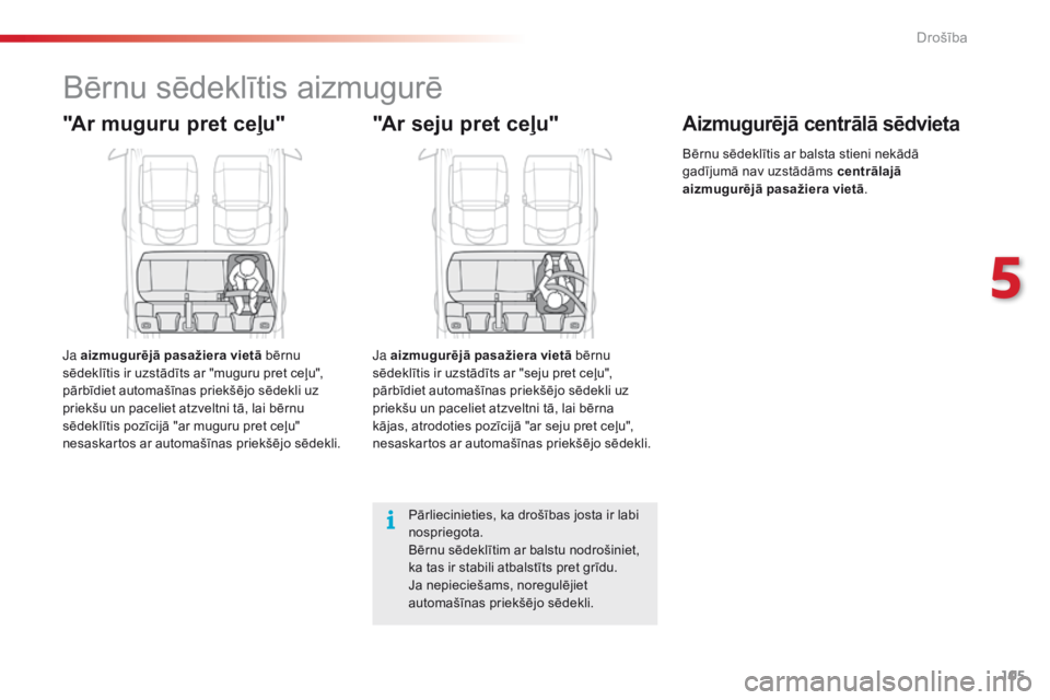CITROEN C4 CACTUS 2018 Lietošanas Instrukcija (in Latvian) 105
C4-cactus_lv_Chap05_securite_ed01-2016
Bērnu sēdeklītis aizmugurē
"Ar muguru pret ceļu"
Ja aizmugurējā pasažiera vietā bērnu
sēdeklītis ir uzstādīts ar "muguru pret ceļ CITROEN C4 CACTUS 2018 Lietošanas Instrukcija (in Latvian) 105
C4-cactus_lv_Chap05_securite_ed01-2016
Bērnu sēdeklītis aizmugurē
"Ar muguru pret ceļu"
Ja aizmugurējā pasažiera vietā bērnu
sēdeklītis ir uzstādīts ar "muguru pret ceļ