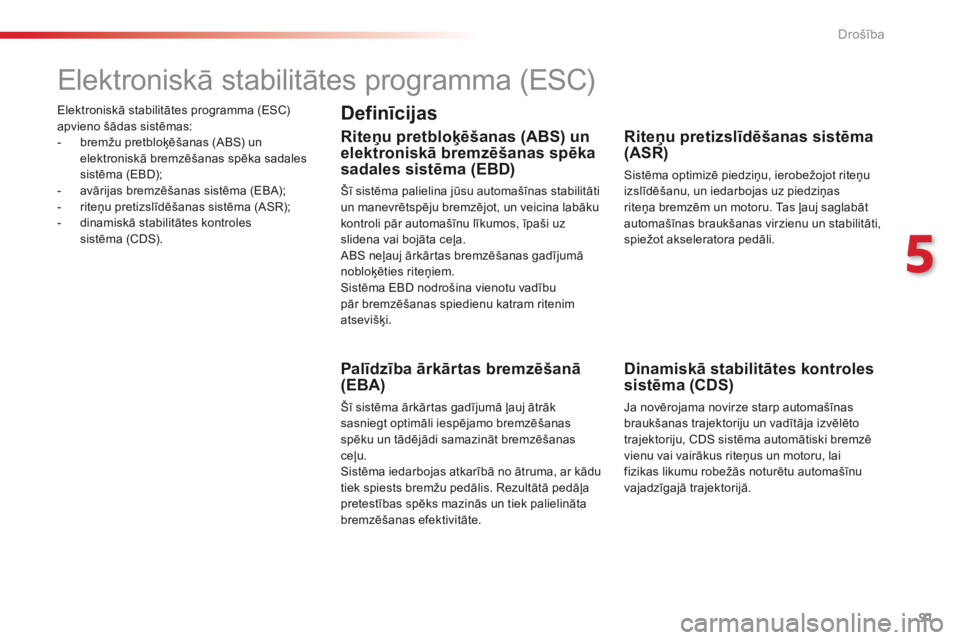 CITROEN C4 CACTUS 2018  Lietošanas Instrukcija (in Latvian) 91
C4-cactus_lv_Chap05_securite_ed01-2016
Elektroniskā stabilitātes programma (ESC) 
apvieno šādas sistēmas:
-
 br
emžu pretbloķēšanas (ABS) un 
elektroniskā bremzēšanas spēka sadales 
si