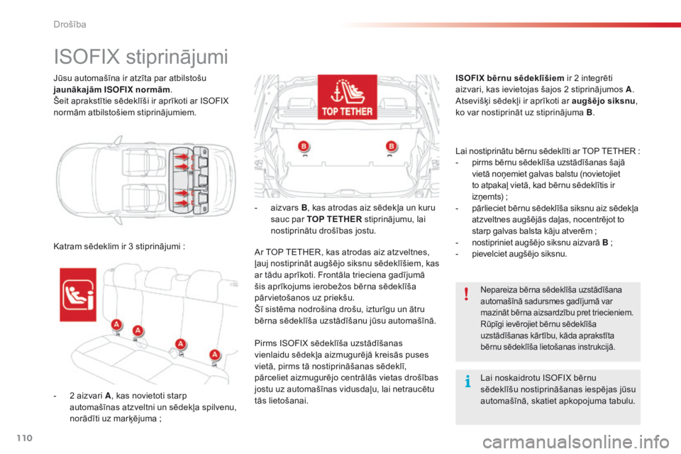 CITROEN C4 CACTUS 2016  Lietošanas Instrukcija (in Latvian) 110
C4-cactus_lv_Chap05_securite_ed01-2015
Jūsu automašīna ir atzīta par atbilstošu 
jaunākajām ISOFIX normām .
Šeit aprakstītie sēdeklīši ir aprīkoti ar ISOFIX 
normām atbilstošiem st