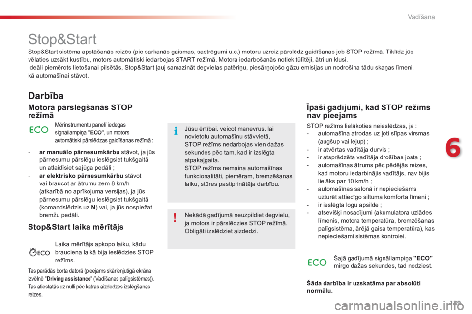 CITROEN C4 CACTUS 2016 Lietošanas Instrukcija (in Latvian) 129
C4-cactus_lv_Chap06_conduite_ed01-2015
Stop&Start
Darbība
Motora pārslēgšanās STOP
režīmā
Mērinstrumentu panelī iedegas
signāllampiņa "ECO", un motors
automātiski pārslēd CITROEN C4 CACTUS 2016 Lietošanas Instrukcija (in Latvian) 129
C4-cactus_lv_Chap06_conduite_ed01-2015
Stop&Start
Darbība
Motora pārslēgšanās STOP
režīmā
Mērinstrumentu panelī iedegas
signāllampiņa "ECO", un motors
automātiski pārslēd
