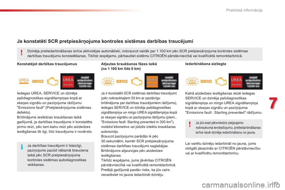 CITROEN C4 CACTUS 2016  Lietošanas Instrukcija (in Latvian) 175
C4-cactus_lv_Chap07_info-pratiques_ed01-2015
Ja konstatēti SCR pretpiesārņojuma kontroles sistēmas darbības traucējumi
Konstatējot darbības traucējumusAtļautas braukšanas fāzes laikā 