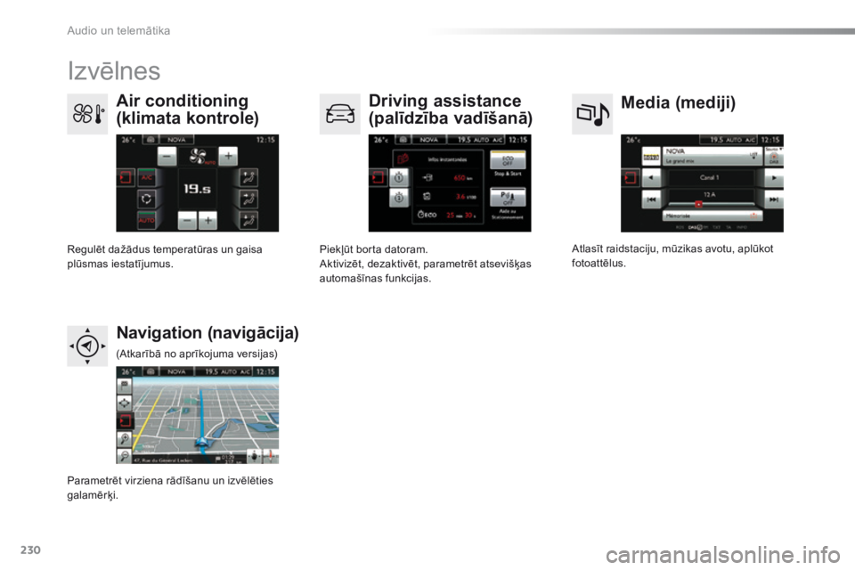 CITROEN C4 CACTUS 2016  Lietošanas Instrukcija (in Latvian) 230
C4-cactus_lv_Chap10b_SMEGplus_ed01-2015
Izvēlnes
Media (mediji)
Air conditioning 
(klimata kontrole) Driving assistance 
(palīdzība vadīšanā)
Navigation (navigācija)
Atlasīt raidstaciju, m