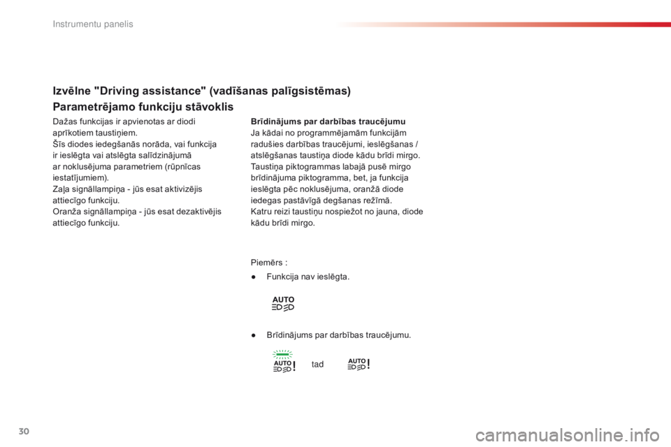 CITROEN C4 CACTUS 2016  Lietošanas Instrukcija (in Latvian) 30
C4-cactus_lv_Chap01_Instruments-de-bord_ed01-2015
Parametrējamo funkciju stāvoklis
Brīdinājums par darbības traucējumu
Ja kādai no programmējamām funkcijām 
radušies darbības traucējum
