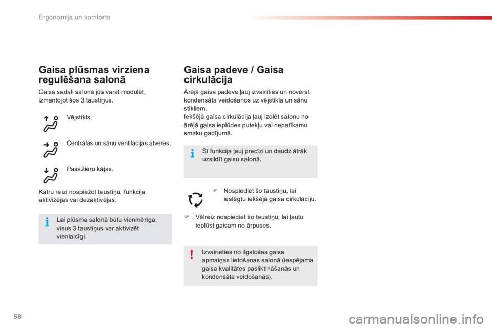 CITROEN C4 CACTUS 2016  Lietošanas Instrukcija (in Latvian) 58
C4-cactus_lv_Chap03_Ergonomie-et-confort_ed01-2015
Gaisa plūsmas virziena 
regulēšana salonā
Ārējā gaisa padeve ļauj izvairīties un novērst 
kondensāta veidošanos uz vējstikla un sānu