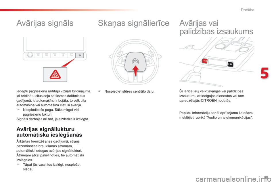 CITROEN C4 CACTUS 2016  Lietošanas Instrukcija (in Latvian) 89
C4-cactus_lv_Chap05_securite_ed01-2015
Avārijas signāls
Iedegtu pagrieziena rādītāju vizuāls brīdinājums, 
lai brīdinātu citus ceļu satiksmes dalībniekus 
gadījumā, ja automašīna ir