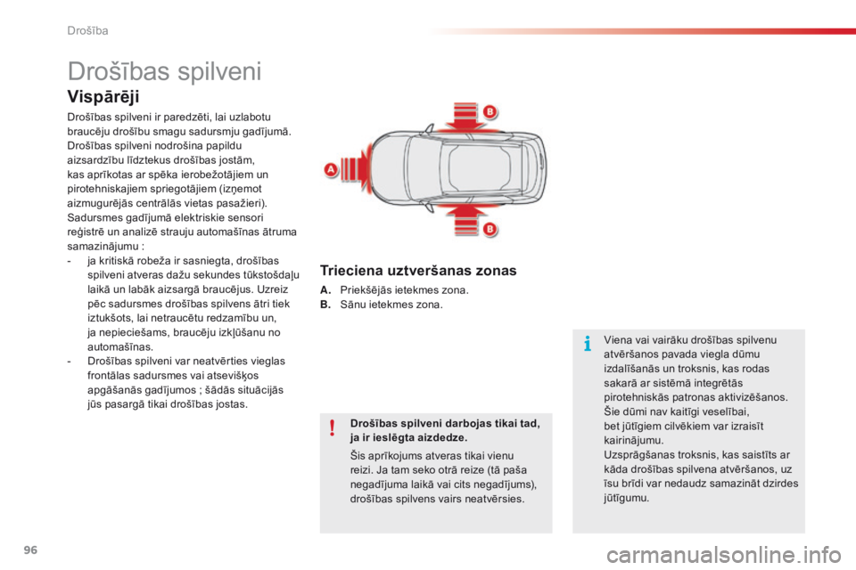 CITROEN C4 CACTUS 2016  Lietošanas Instrukcija (in Latvian) 96
C4-cactus_lv_Chap05_securite_ed01-2015
Drošības spilveni
Vispārēji
Drošības spilveni ir paredzēti, lai uzlabotu 
braucēju drošību smagu sadursmju gadījumā. 
Drošības spilveni nodroši