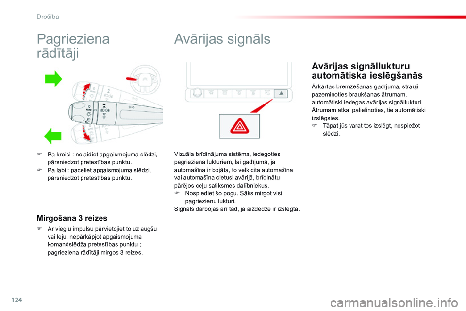 CITROEN C4 CACTUS 2015  Lietošanas Instrukcija (in Latvian) 124
C4-cactus_lv_Chap07_securite_ed02-2014
Pagrieziena  
rādītāji
F Pa kreisi   : nolaidiet apgaismojuma slēdzi, 
pārsniedzot pretestības punktu.
F
 
P
 a labi   : paceliet apgaismojuma slēdzi,