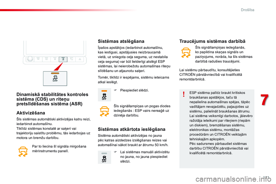 CITROEN C4 CACTUS 2015  Lietošanas Instrukcija (in Latvian) 131
C4-cactus_lv_Chap07_securite_ed02-2014
Dinamiskā stabilitātes kontroles 
sistēma (CDS) un riteņu 
pretslīdēšanas sistēma (ASR)ESP sistēma palīdz braukt kritiskos 
braukšanas apstākļos