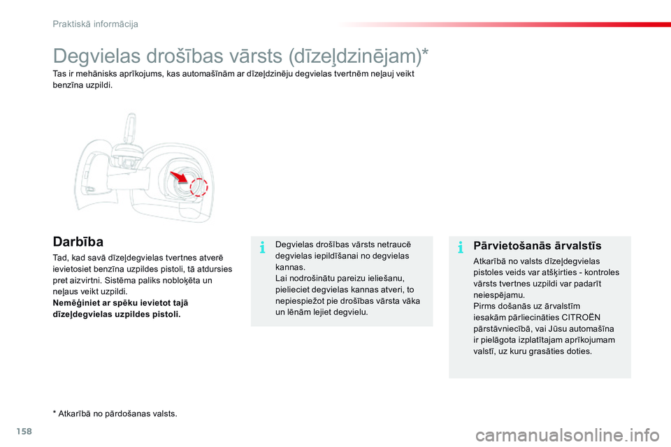 CITROEN C4 CACTUS 2015 Lietošanas Instrukcija (in Latvian) 158
C4-cactus_lv_Chap09_info-pratiques_ed02-2014
Degvielas drošības vārsts (dīzeļdzinējam)*
Darbība
Tad, kad savā dīzeļdegvielas tvertnes atverē
ievietosiet benzīna uzpildes pistoli, tā CITROEN C4 CACTUS 2015 Lietošanas Instrukcija (in Latvian) 158
C4-cactus_lv_Chap09_info-pratiques_ed02-2014
Degvielas drošības vārsts (dīzeļdzinējam)*
Darbība
Tad, kad savā dīzeļdegvielas tvertnes atverē
ievietosiet benzīna uzpildes pistoli, tā