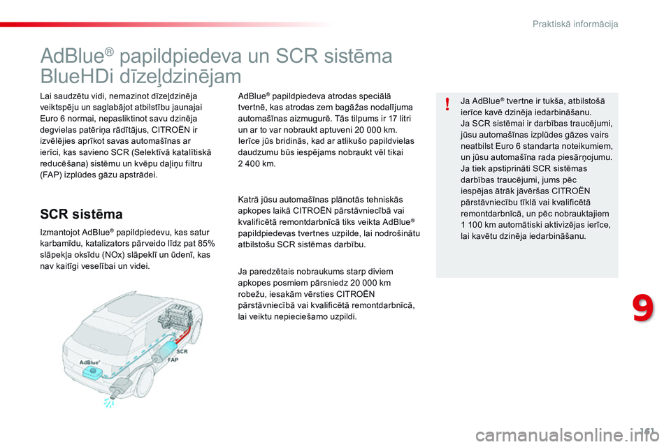 CITROEN C4 CACTUS 2015 Lietošanas Instrukcija (in Latvian) 161
C4-cactus_lv_Chap09_info-pratiques_ed02-2014
adBlue® papildpiedeva un SCR sistēma
BlueHDi dīzeļdzinējam
Lai saudzētu vidi, nemazinot dīzeļdzinēja
veiktspēju un saglabājot atbilstību j CITROEN C4 CACTUS 2015 Lietošanas Instrukcija (in Latvian) 161
C4-cactus_lv_Chap09_info-pratiques_ed02-2014
adBlue® papildpiedeva un SCR sistēma
BlueHDi dīzeļdzinējam
Lai saudzētu vidi, nemazinot dīzeļdzinēja
veiktspēju un saglabājot atbilstību j