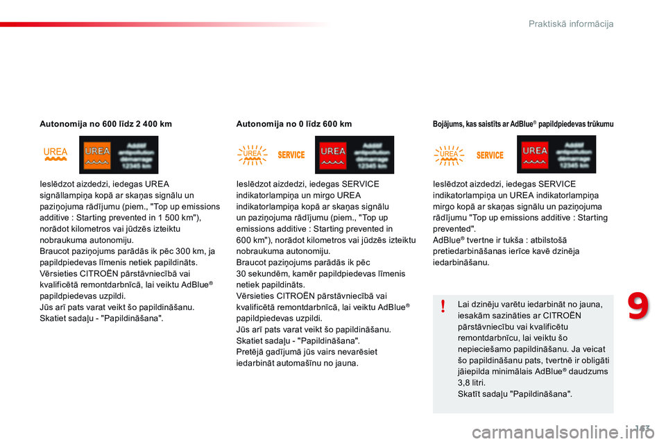CITROEN C4 CACTUS 2015 Lietošanas Instrukcija (in Latvian) 163
C4-cactus_lv_Chap09_info-pratiques_ed02-2014
Autonomija no 600 līdz 2 400 kmAutonomija no 0 līdz 600 kmBojājums, kas saistīts ar AdBlue® papildpiedevas trūkumu
Lai dzinēju varētu iedarbin CITROEN C4 CACTUS 2015 Lietošanas Instrukcija (in Latvian) 163
C4-cactus_lv_Chap09_info-pratiques_ed02-2014
Autonomija no 600 līdz 2 400 kmAutonomija no 0 līdz 600 kmBojājums, kas saistīts ar AdBlue® papildpiedevas trūkumu
Lai dzinēju varētu iedarbin