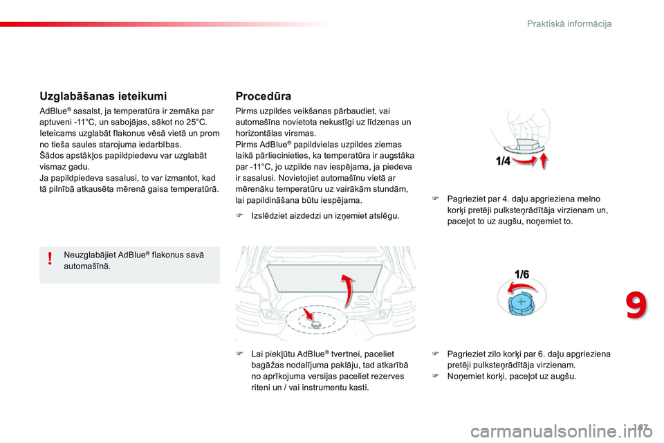 CITROEN C4 CACTUS 2015 Lietošanas Instrukcija (in Latvian) 167
C4-cactus_lv_Chap09_info-pratiques_ed02-2014
Uzglabāšanas ieteikumi
Neuzglabājiet AdBlue® flakonus savā
automašīnā.
Procedūra
F Izslēdziet aizdedzi un izņemiet atslēgu.
F
L
ai piek CITROEN C4 CACTUS 2015 Lietošanas Instrukcija (in Latvian) 167
C4-cactus_lv_Chap09_info-pratiques_ed02-2014
Uzglabāšanas ieteikumi
Neuzglabājiet AdBlue® flakonus savā
automašīnā.
Procedūra
F Izslēdziet aizdedzi un izņemiet atslēgu.
F
L
ai piek