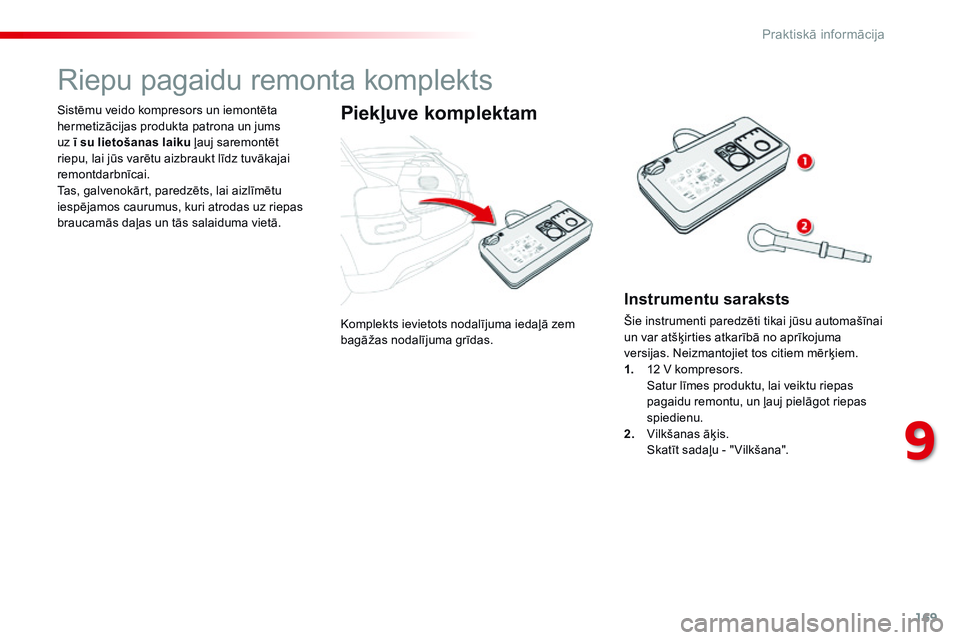 CITROEN C4 CACTUS 2015 Lietošanas Instrukcija (in Latvian) 169
C4-cactus_lv_Chap09_info-pratiques_ed02-2014
Komplekts ievietots nodalījuma iedaļā zem
bagāžas nodalījuma grīdas.
Sistēmu veido kompresors un iemontēta
hermetizācijas produkta patrona CITROEN C4 CACTUS 2015 Lietošanas Instrukcija (in Latvian) 169
C4-cactus_lv_Chap09_info-pratiques_ed02-2014
Komplekts ievietots nodalījuma iedaļā zem
bagāžas nodalījuma grīdas.
Sistēmu veido kompresors un iemontēta
hermetizācijas produkta patrona