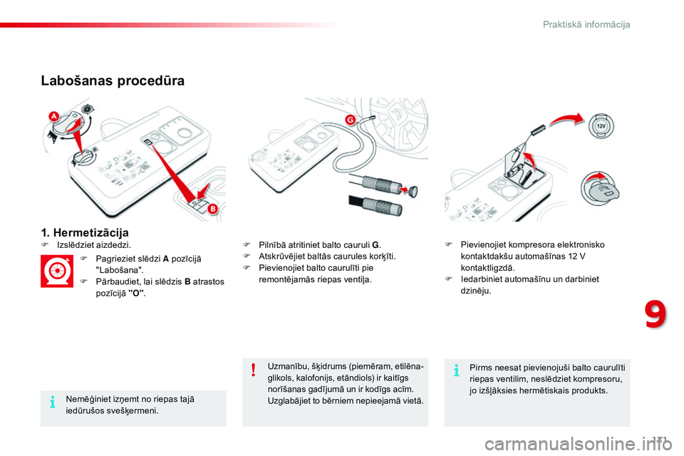 CITROEN C4 CACTUS 2015 Lietošanas Instrukcija (in Latvian) 171
C4-cactus_lv_Chap09_info-pratiques_ed02-2014
1. Hermetizācija
Labošanas procedūra
Nemēģiniet izņemt no riepas tajā
iedūrušos svešķermeni.F
P
ilnībā atritiniet balto cauruli G
.
F CITROEN C4 CACTUS 2015 Lietošanas Instrukcija (in Latvian) 171
C4-cactus_lv_Chap09_info-pratiques_ed02-2014
1. Hermetizācija
Labošanas procedūra
Nemēģiniet izņemt no riepas tajā
iedūrušos svešķermeni.F
P
ilnībā atritiniet balto cauruli G
.
F