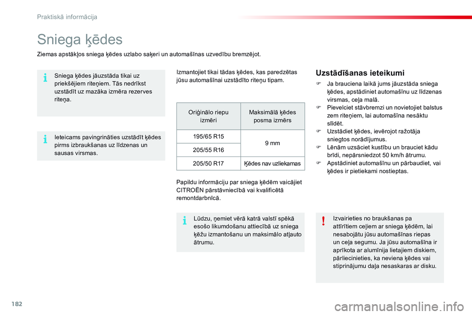 CITROEN C4 CACTUS 2015 Lietošanas Instrukcija (in Latvian) 182
C4-cactus_lv_Chap09_info-pratiques_ed02-2014
Sniega ķēdes
Ziemas apstākļos sniega ķēdes uzlabo saķeri un automašīnas uzvedību bremzējot.Izmantojiet tikai tādas ķēdes, kas paredzētas CITROEN C4 CACTUS 2015 Lietošanas Instrukcija (in Latvian) 182
C4-cactus_lv_Chap09_info-pratiques_ed02-2014
Sniega ķēdes
Ziemas apstākļos sniega ķēdes uzlabo saķeri un automašīnas uzvedību bremzējot.Izmantojiet tikai tādas ķēdes, kas paredzētas