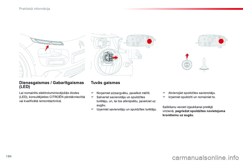 CITROEN C4 CACTUS 2015 Lietošanas Instrukcija (in Latvian) 184
C4-cactus_lv_Chap09_info-pratiques_ed02-2014
Dienasgaismas / Gabarītgaismas
(LED)
Lai nomainītu elektroluminiscējošās diodes
(LED), konsultējieties CITROËN pārstāvniecībā
vai kvalifi CITROEN C4 CACTUS 2015 Lietošanas Instrukcija (in Latvian) 184
C4-cactus_lv_Chap09_info-pratiques_ed02-2014
Dienasgaismas / Gabarītgaismas
(LED)
Lai nomainītu elektroluminiscējošās diodes
(LED), konsultējieties CITROËN pārstāvniecībā
vai kvalifi