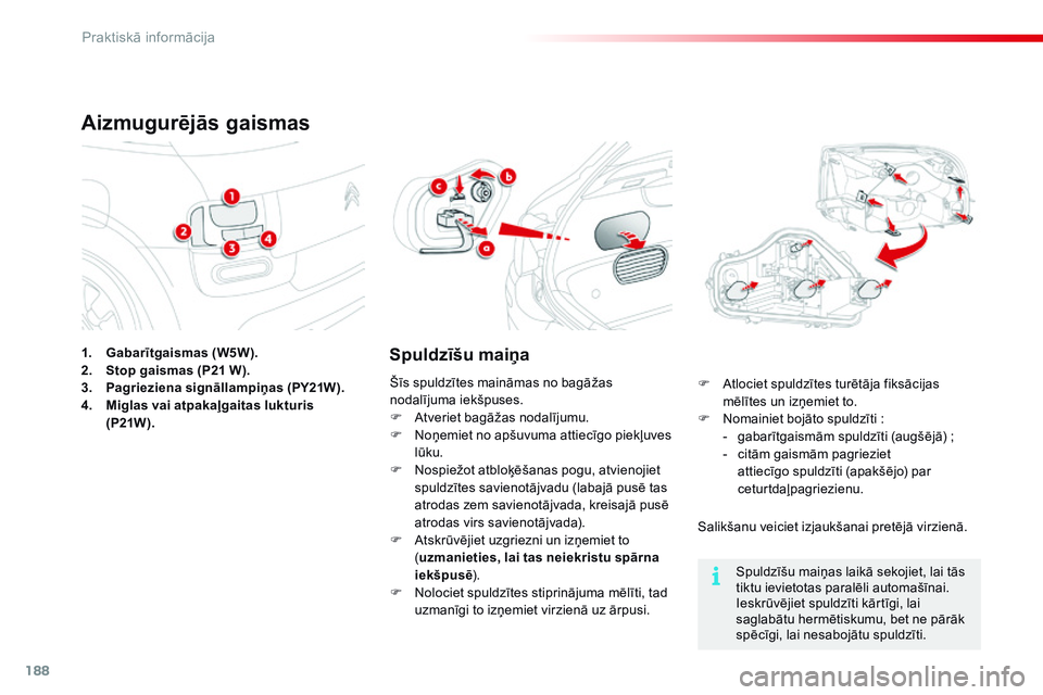 CITROEN C4 CACTUS 2015 Lietošanas Instrukcija (in Latvian) 188
C4-cactus_lv_Chap09_info-pratiques_ed02-2014
1. Gabarītgaismas (W5W).
2. Stop gaismas (P21 W).
3.
P
agrieziena signāllampiņas (PY21W).
4.
M
iglas vai atpakaļgaitas lukturis
(P21W ).
Aizmu CITROEN C4 CACTUS 2015 Lietošanas Instrukcija (in Latvian) 188
C4-cactus_lv_Chap09_info-pratiques_ed02-2014
1. Gabarītgaismas (W5W).
2. Stop gaismas (P21 W).
3.
P
agrieziena signāllampiņas (PY21W).
4.
M
iglas vai atpakaļgaitas lukturis
(P21W ).
Aizmu