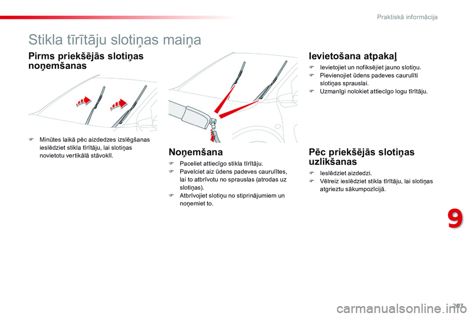 CITROEN C4 CACTUS 2015 Lietošanas Instrukcija (in Latvian) 203
C4-cactus_lv_Chap09_info-pratiques_ed02-2014
Stikla tīrītāju slotiņas maiņa
F Minūtes laikā pēc aizdedzes izslēgšanas ieslēdziet stikla tīrītāju, lai slotiņas
novietotu vertikālā CITROEN C4 CACTUS 2015 Lietošanas Instrukcija (in Latvian) 203
C4-cactus_lv_Chap09_info-pratiques_ed02-2014
Stikla tīrītāju slotiņas maiņa
F Minūtes laikā pēc aizdedzes izslēgšanas ieslēdziet stikla tīrītāju, lai slotiņas
novietotu vertikālā