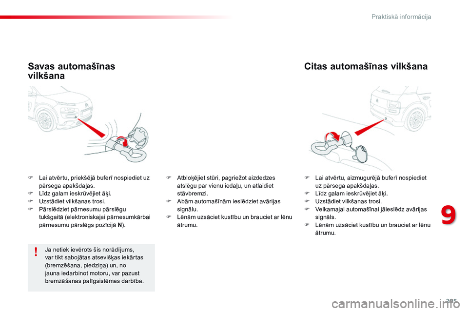 CITROEN C4 CACTUS 2015 Lietošanas Instrukcija (in Latvian) 205
C4-cactus_lv_Chap09_info-pratiques_ed02-2014
Citas automašīnas vilkšana
F Lai atvērtu, aizmugurējā buferī nospiediet uz pārsega apakšdaļas.
F
L
īdz galam ieskrūvējiet āķi.
F
U
CITROEN C4 CACTUS 2015 Lietošanas Instrukcija (in Latvian) 205
C4-cactus_lv_Chap09_info-pratiques_ed02-2014
Citas automašīnas vilkšana
F Lai atvērtu, aizmugurējā buferī nospiediet uz pārsega apakšdaļas.
F
L
īdz galam ieskrūvējiet āķi.
F
U