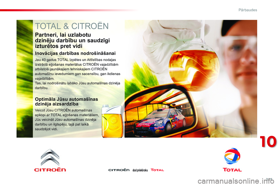 CITROEN C4 CACTUS 2015  Lietošanas Instrukcija (in Latvian) 215
C4-cactus_lv_Chap10_verifications_ed02-2014
TOTAL & CITROËN
Partneri, lai uzlabotu  
dzinēju darbību un saudzīgi 
izturētos pret vidi
Inovācijas darbības nodrošināšanai
Jau 40 gadus TOTA CITROEN C4 CACTUS 2015  Lietošanas Instrukcija (in Latvian) 215
C4-cactus_lv_Chap10_verifications_ed02-2014
TOTAL & CITROËN
Partneri, lai uzlabotu  
dzinēju darbību un saudzīgi 
izturētos pret vidi
Inovācijas darbības nodrošināšanai
Jau 40 gadus TOTA