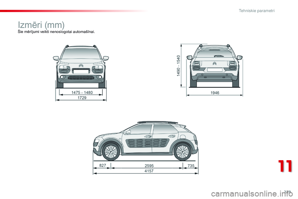 CITROEN C4 CACTUS 2015  Lietošanas Instrukcija (in Latvian) 229
C4-cactus_lv_Chap11_caracteristiques-techniques_ed02-2014
Izmēri (mm)Šie mērījumi veikti nenoslogotai automašīnai.
11 
T   CITROEN C4 CACTUS 2015  Lietošanas Instrukcija (in Latvian) 229
C4-cactus_lv_Chap11_caracteristiques-techniques_ed02-2014
Izmēri (mm)Šie mērījumi veikti nenoslogotai automašīnai.
11 
T