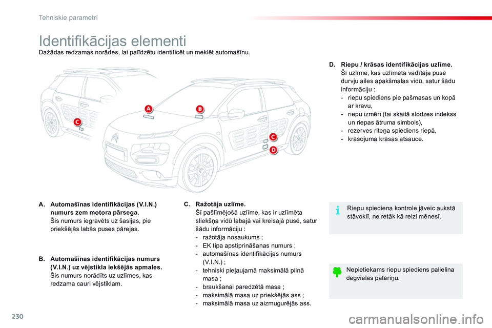 CITROEN C4 CACTUS 2015  Lietošanas Instrukcija (in Latvian) 230
C4-cactus_lv_Chap11_caracteristiques-techniques_ed02-2014
Identifikācijas elementiDažādas redzamas norādes, lai palīdzētu identificēt un meklēt automašīnu.
A.
 A
utomašīnas identifikā CITROEN C4 CACTUS 2015  Lietošanas Instrukcija (in Latvian) 230
C4-cactus_lv_Chap11_caracteristiques-techniques_ed02-2014
Identifikācijas elementiDažādas redzamas norādes, lai palīdzētu identificēt un meklēt automašīnu.
A.
 A
utomašīnas identifikā