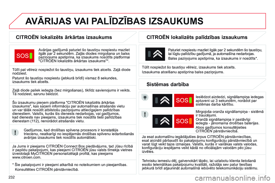 CITROEN C4 CACTUS 2015  Lietošanas Instrukcija (in Latvian) 232
C4-Cactus_lv_Chap12a_Bta_ed02-2014
AVĀRIJAS  VAI   PALĪDZĪBAS   IZSAUKUMS
CITROËN lokalizēts ārkārtas izsaukums
Avārijas gadījumā paturiet šo taustiņu nospiestu mazliet 
ilgāk par 2 s CITROEN C4 CACTUS 2015  Lietošanas Instrukcija (in Latvian) 232
C4-Cactus_lv_Chap12a_Bta_ed02-2014
AVĀRIJAS  VAI   PALĪDZĪBAS   IZSAUKUMS
CITROËN lokalizēts ārkārtas izsaukums
Avārijas gadījumā paturiet šo taustiņu nospiestu mazliet 
ilgāk par 2 s