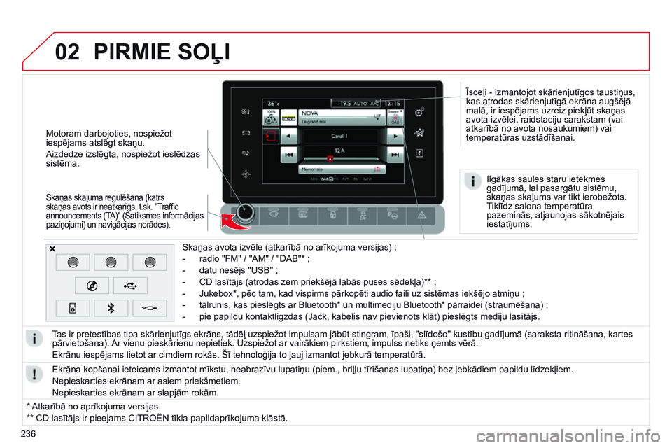 CITROEN C4 CACTUS 2015  Lietošanas Instrukcija (in Latvian) 02
236Skaņas avota izvēle (atkarībā no arīkojuma versijas) :
-
 
radio "FM" / "AM" / "DAB"* ;
-
  
datu nesējs "USB" ;
-
  
CD lasītājs (atrodas zem priekšēj