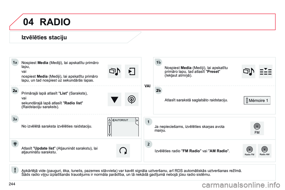 CITROEN C4 CACTUS 2015  Lietošanas Instrukcija (in Latvian) 04
Izvēlēties staciju
Apkārtējā vide (pauguri, ēka, tunelis, pazemes stāvvieta) var kavēt signāla uztveršanu, arī RDS automātiskās uztveršanas režīmā. 
Šāds radio viļņu izplatīš