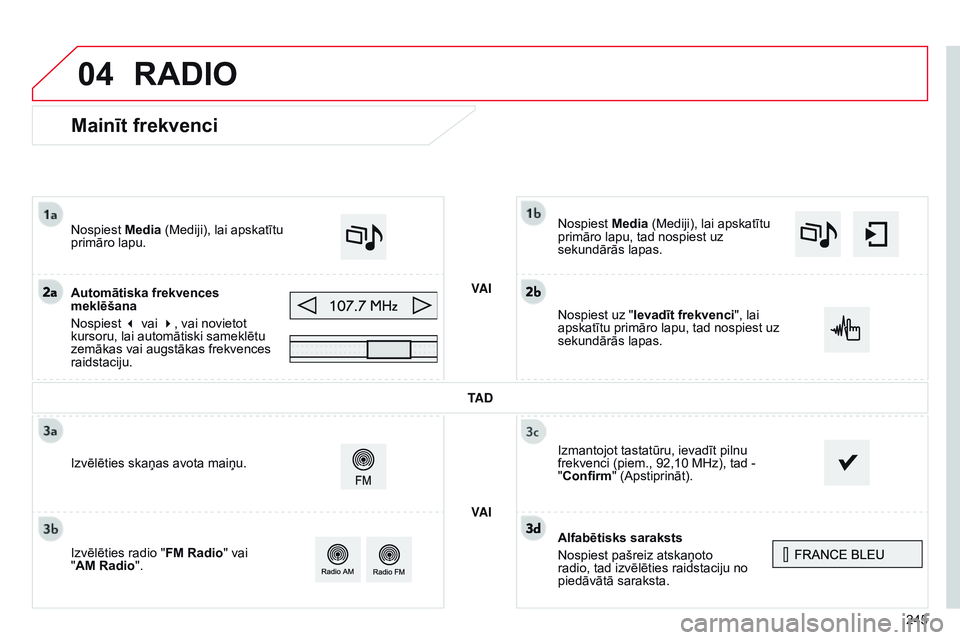 CITROEN C4 CACTUS 2015  Lietošanas Instrukcija (in Latvian) 04
245
Mainīt frekvenci
Alfabētisks saraksts
Nospiest pašreiz atskaņoto 
radio, tad  izvēlēties raidstaciju no 
piedāvātā
  saraksta.
Nospiest Media (Mediji), lai apskatītu 
primāro lapu, t