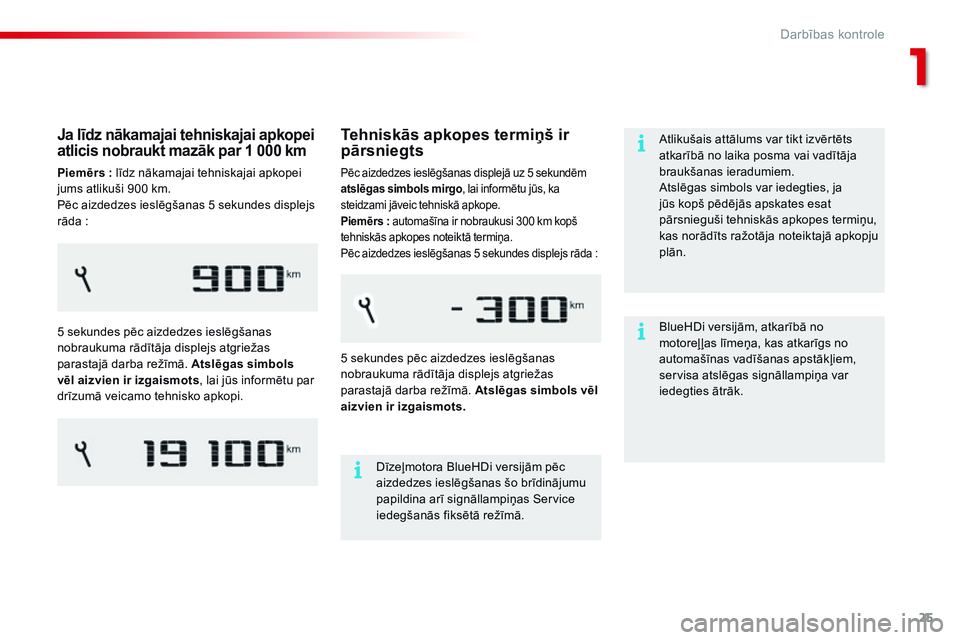 CITROEN C4 CACTUS 2015  Lietošanas Instrukcija (in Latvian) 25
C4-cactus_lv_Chap01_controle-de-marche_ed02-2014
Tehniskās apkopes termiņš ir 
pārsniegts
Pēc aizdedzes ieslēgšanas displejā uz 5 sekundēm 
atslēgas simbols mirgo, lai informētu jūs, ka