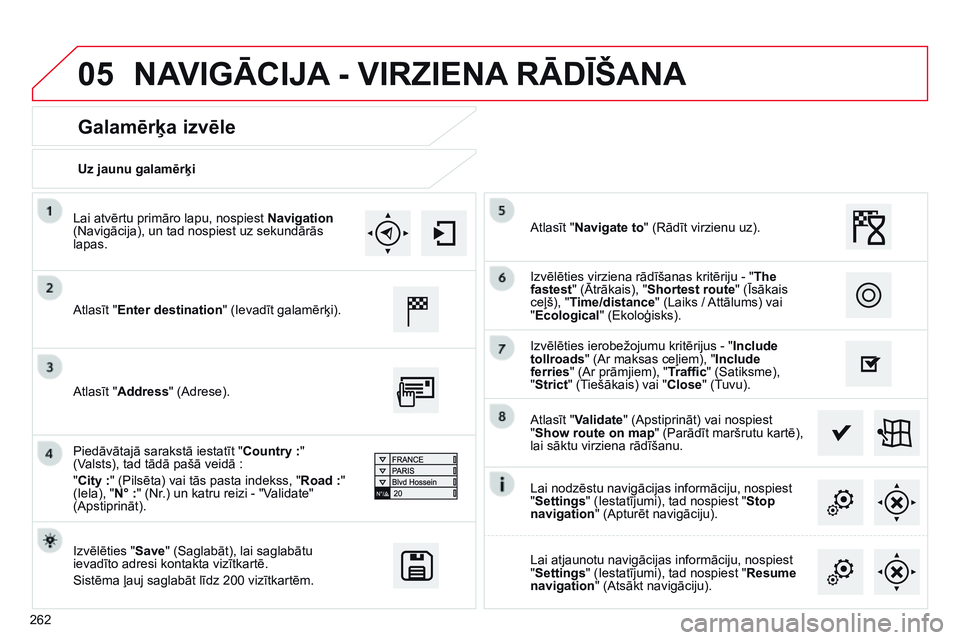 CITROEN C4 CACTUS 2015 Lietošanas Instrukcija (in Latvian) 05
262Uz jaunu galamērķi
Galamērķa izvēle
Atlasīt "Enter destination
" (Ievadīt galamērķi).
Izvēlēties "Save" (Saglabāt), lai saglabātu
ievadīto adresi kontakta vizītka CITROEN C4 CACTUS 2015 Lietošanas Instrukcija (in Latvian) 05
262Uz jaunu galamērķi
Galamērķa izvēle
Atlasīt "Enter destination
" (Ievadīt galamērķi).
Izvēlēties "Save" (Saglabāt), lai saglabātu
ievadīto adresi kontakta vizītka