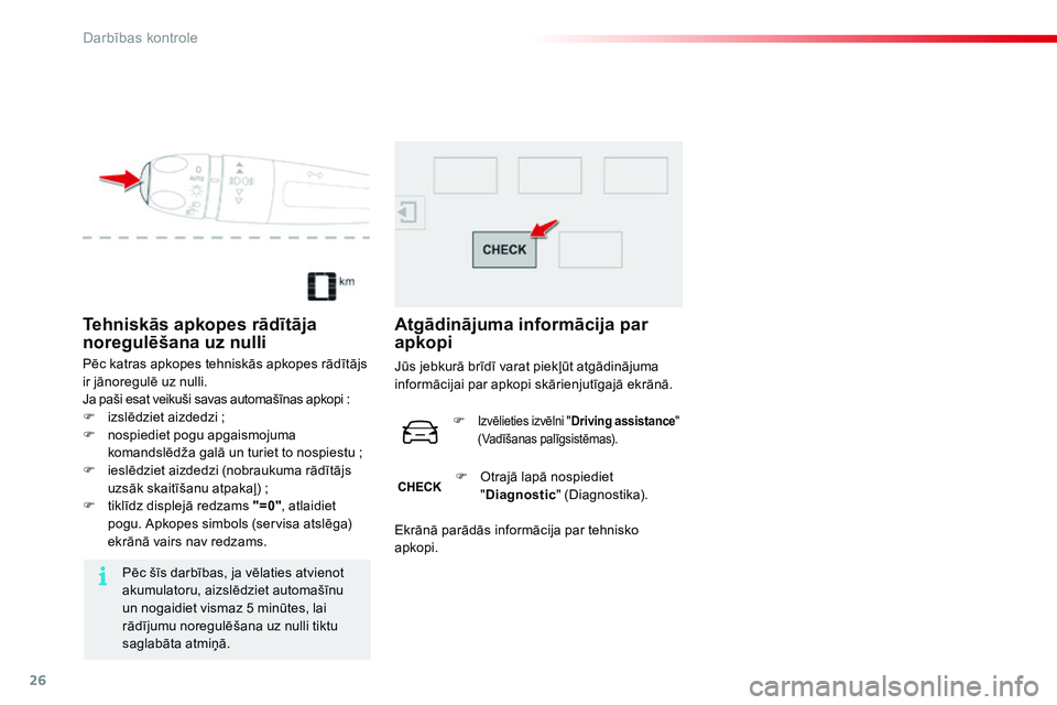 CITROEN C4 CACTUS 2015  Lietošanas Instrukcija (in Latvian) 26
Tehniskās apkopes rādītāja 
noregulēšana uz nulli
Pēc katras apkopes tehniskās apkopes rādītājs 
ir jānoregulē uz nulli.
Ja paši esat veikuši savas automašīnas apkopi  :
F
 
iz
 sl