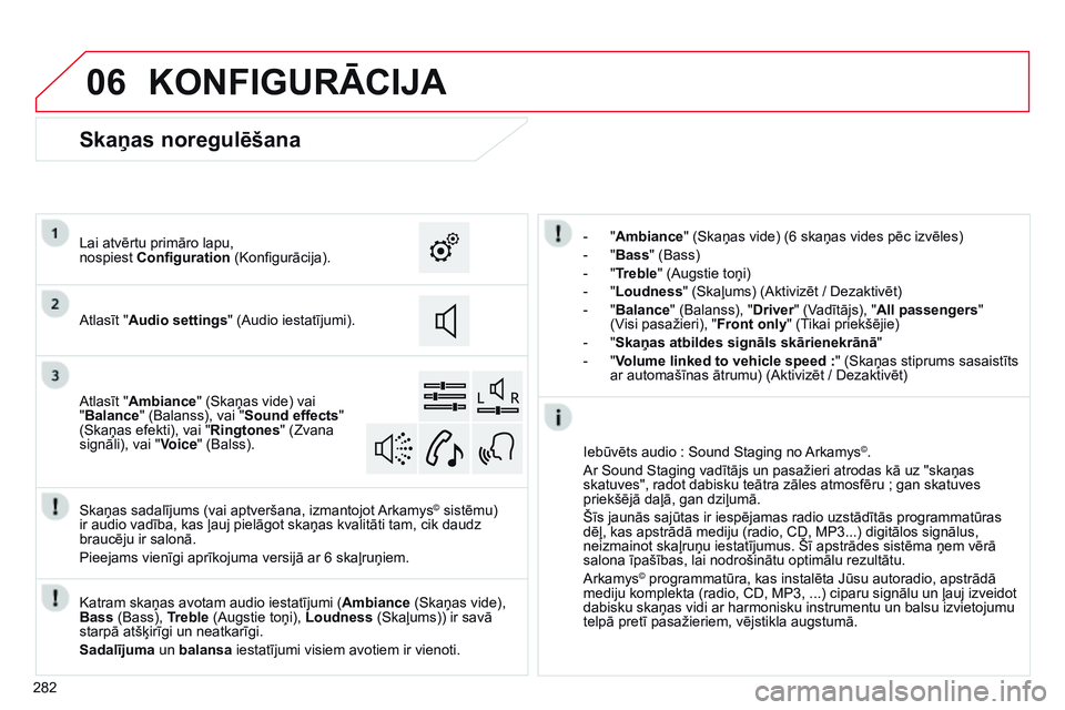 CITROEN C4 CACTUS 2015 Lietošanas Instrukcija (in Latvian) 06
282
KONFIGURĀCIJA
- "Ambiance" (Skaņas vide) (6 skaņas vides pēc izvēles)
-
"
Bass " (Bass)
-
"
Treble" (Augstie toņi)
-
"
Loudness" (Skaļums) (Aktiv CITROEN C4 CACTUS 2015 Lietošanas Instrukcija (in Latvian) 06
282
KONFIGURĀCIJA
- "Ambiance" (Skaņas vide) (6 skaņas vides pēc izvēles)
-
"
Bass " (Bass)
-
"
Treble" (Augstie toņi)
-
"
Loudness" (Skaļums) (Aktiv