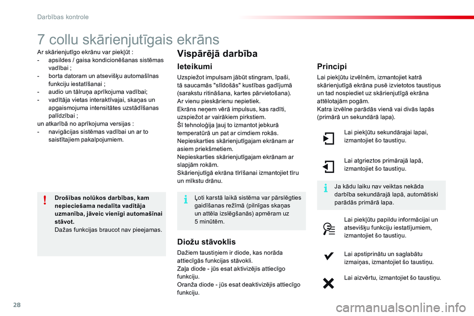 CITROEN C4 CACTUS 2015  Lietošanas Instrukcija (in Latvian) 28
7 collu skārienjutīgais ekrāns
Ar skārienjutīgo ekrānu var piekļūt :
-  a psildes / gaisa kondicionēšanas sistēmas 
vadībai
 ;
-

 
b
 orta datoram un atsevišķu automašīnas 
funkcij