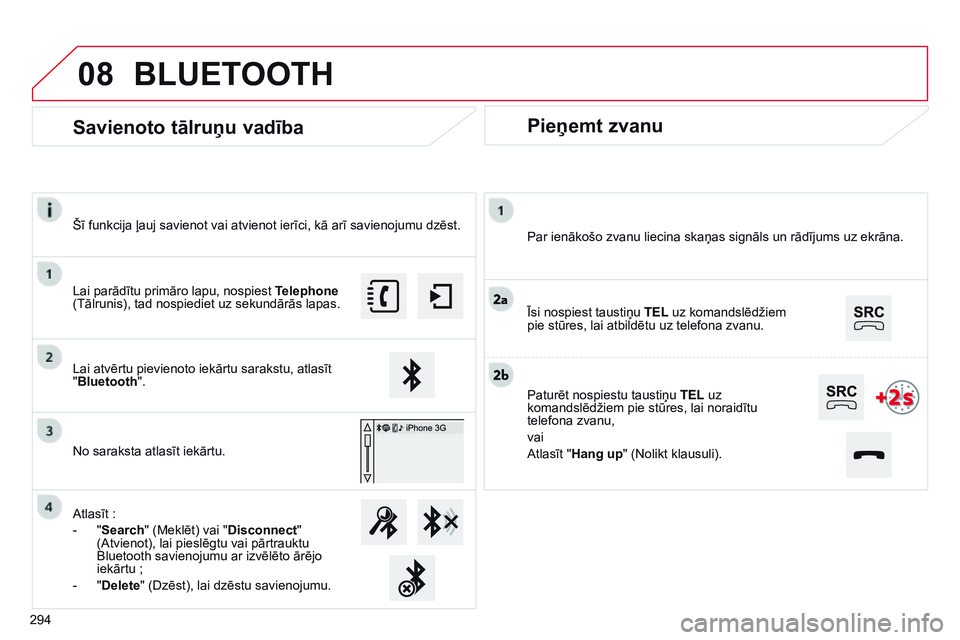 CITROEN C4 CACTUS 2015 Lietošanas Instrukcija (in Latvian) 08
Pieņemt zvanu
Par ienākošo zvanu liecina skaņas signāls un rādījums uz ekrāna.
Īsi nospiest taustiņu TEL uz komandslēdžiem
pie stūres, lai atbildētu uz telefona zvanu.
Paturēt nospi CITROEN C4 CACTUS 2015 Lietošanas Instrukcija (in Latvian) 08
Pieņemt zvanu
Par ienākošo zvanu liecina skaņas signāls un rādījums uz ekrāna.
Īsi nospiest taustiņu TEL uz komandslēdžiem
pie stūres, lai atbildētu uz telefona zvanu.
Paturēt nospi