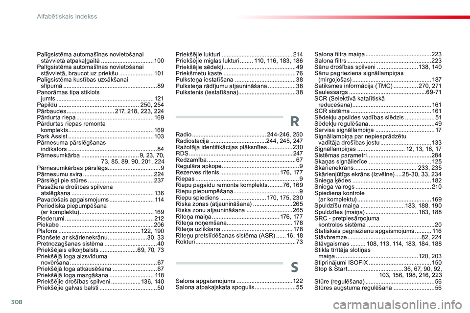 CITROEN C4 CACTUS 2015  Lietošanas Instrukcija (in Latvian) 308
C4-cactus_lv_Chap13_index-alpha_ed02-2014
Radio ............................................. 244-246, 250
Radiostacija .............................. ....244, 245, 247
Ražotāja identifikācijas