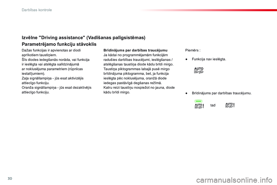 CITROEN C4 CACTUS 2015  Lietošanas Instrukcija (in Latvian) 30
Parametrējamo funkciju stāvoklis
Brīdinājums par darbības traucējumu
Ja kādai no programmējamām funkcijām 
radušies darbības traucējumi, ieslēgšanas / 
atslēgšanas taustiņa diode 