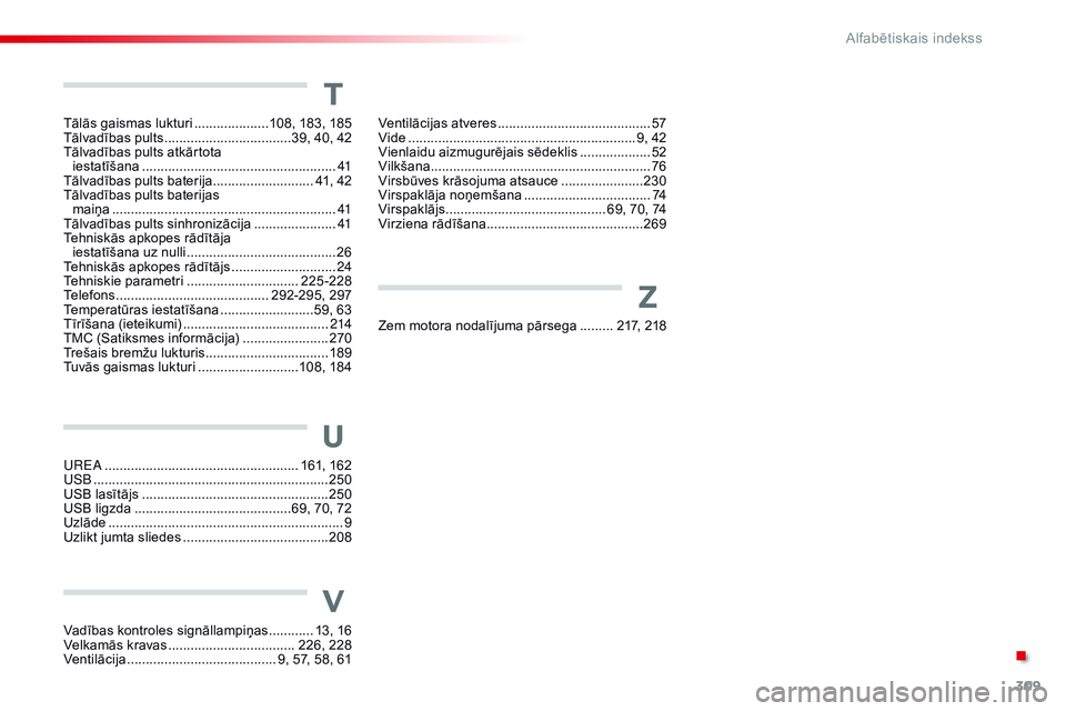 CITROEN C4 CACTUS 2015  Lietošanas Instrukcija (in Latvian) 309
C4-cactus_lv_Chap13_index-alpha_ed02-2014
Zem motora nodalījuma pārsega .........21 7, 218
Z
Ventilācijas atveres .........................................57
V ide ........ ....................