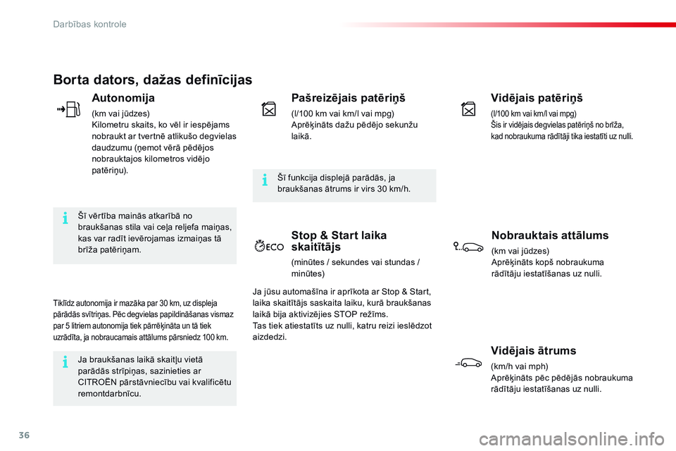CITROEN C4 CACTUS 2015 Lietošanas Instrukcija (in Latvian) 36
Borta dators, dažas definīcijas
Autonomija
(km vai jūdzes)
Kilometru skaits, ko vēl ir iespējams
nobraukt ar tvertnē atlikušo degvielas
daudzumu (ņemot vērā pēdējos
nobrauktajos kilo CITROEN C4 CACTUS 2015 Lietošanas Instrukcija (in Latvian) 36
Borta dators, dažas definīcijas
Autonomija
(km vai jūdzes)
Kilometru skaits, ko vēl ir iespējams
nobraukt ar tvertnē atlikušo degvielas
daudzumu (ņemot vērā pēdējos
nobrauktajos kilo