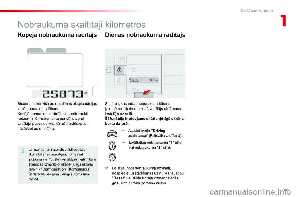 CITROEN C4 CACTUS 2015  Lietošanas Instrukcija (in Latvian) 37
C4-cactus_lv_Chap01_controle-de-marche_ed02-2014
Kopējā nobraukuma rādītājs
Sistēma mēra visā automašīnas ekspluatācijas 
laikā nobraukto attālumu.
Kopējā nobraukuma rādījumi nepā