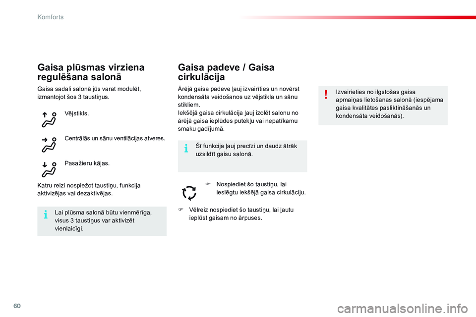 CITROEN C4 CACTUS 2015 Lietošanas Instrukcija (in Latvian) 60
C4-cactus_lv_Chap03_confort_ed02-2014
Gaisa plūsmas virziena
regulēšana salonā
Ārējā gaisa padeve ļauj izvairīties un novērst
kondensāta veidošanos uz vējstikla un sānu
stikliem.
I CITROEN C4 CACTUS 2015 Lietošanas Instrukcija (in Latvian) 60
C4-cactus_lv_Chap03_confort_ed02-2014
Gaisa plūsmas virziena
regulēšana salonā
Ārējā gaisa padeve ļauj izvairīties un novērst
kondensāta veidošanos uz vējstikla un sānu
stikliem.
I