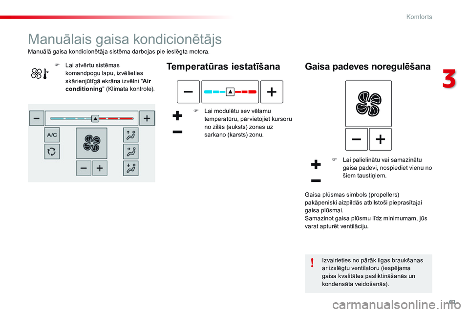 CITROEN C4 CACTUS 2015 Lietošanas Instrukcija (in Latvian) 61
C4-cactus_lv_Chap03_confort_ed02-2014
Manuālais gaisa kondicionētājs
Temperatūras iestatīšana
F Lai modulētu sev vēlamu temperatūru, pārvietojiet kursoru
no zilās (auksts) zonas uz
sar CITROEN C4 CACTUS 2015 Lietošanas Instrukcija (in Latvian) 61
C4-cactus_lv_Chap03_confort_ed02-2014
Manuālais gaisa kondicionētājs
Temperatūras iestatīšana
F Lai modulētu sev vēlamu temperatūru, pārvietojiet kursoru
no zilās (auksts) zonas uz
sar