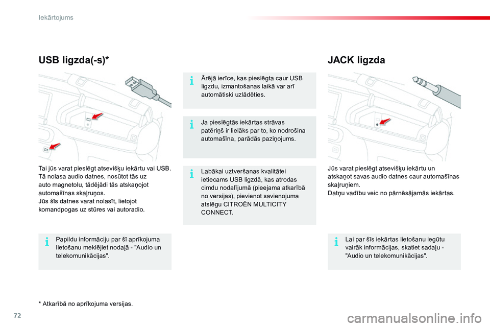 CITROEN C4 CACTUS 2015 Lietošanas Instrukcija (in Latvian) 72
C4-cactus_lv_Chap04_amenagements_ed02-2014
JACK ligzda
USB ligzda(-s)*
Labākai uztveršanas kvalitātei
ietiecams USB ligzdā, kas atrodas
cimdu nodalījumā (pieejama atkarībā
no versijas), CITROEN C4 CACTUS 2015 Lietošanas Instrukcija (in Latvian) 72
C4-cactus_lv_Chap04_amenagements_ed02-2014
JACK ligzda
USB ligzda(-s)*
Labākai uztveršanas kvalitātei
ietiecams USB ligzdā, kas atrodas
cimdu nodalījumā (pieejama atkarībā
no versijas),
