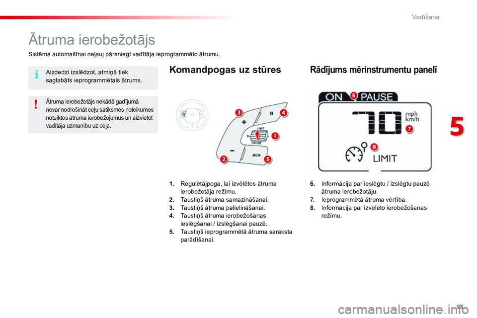 CITROEN C4 CACTUS 2015 Lietošanas Instrukcija (in Latvian) 93
C4-cactus_lv_Chap05_conduite_ed02-2014
Komandpogas uz stūres
6. Informācija par ieslēgtu / izslēgtu pauzē
ātruma ierobežotāju.
7.
I
eprogrammētā ātruma vērtība.
8.
I
nformācija CITROEN C4 CACTUS 2015 Lietošanas Instrukcija (in Latvian) 93
C4-cactus_lv_Chap05_conduite_ed02-2014
Komandpogas uz stūres
6. Informācija par ieslēgtu / izslēgtu pauzē
ātruma ierobežotāju.
7.
I
eprogrammētā ātruma vērtība.
8.
I
nformācija
