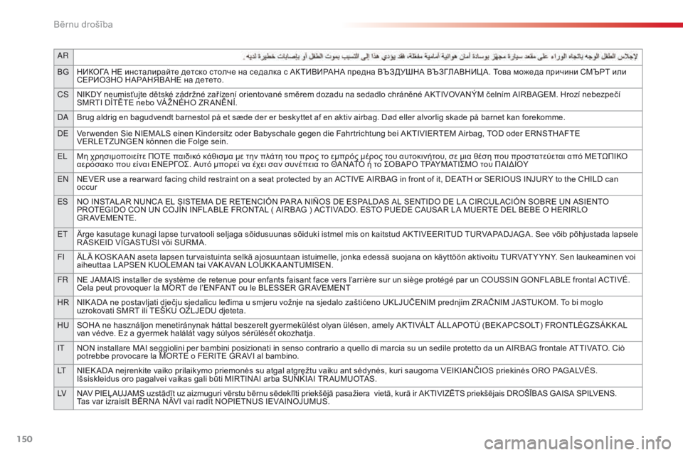 CITROEN C4 CACTUS 2014  Lietošanas Instrukcija (in Latvian) 150
AR
BGНИКОГА НЕ инсталирайте детско столче на седалка с АКТИВИРАНА предна ВЪЗДУШНА ВЪЗГЛАВНИЦ А. Това можеда 